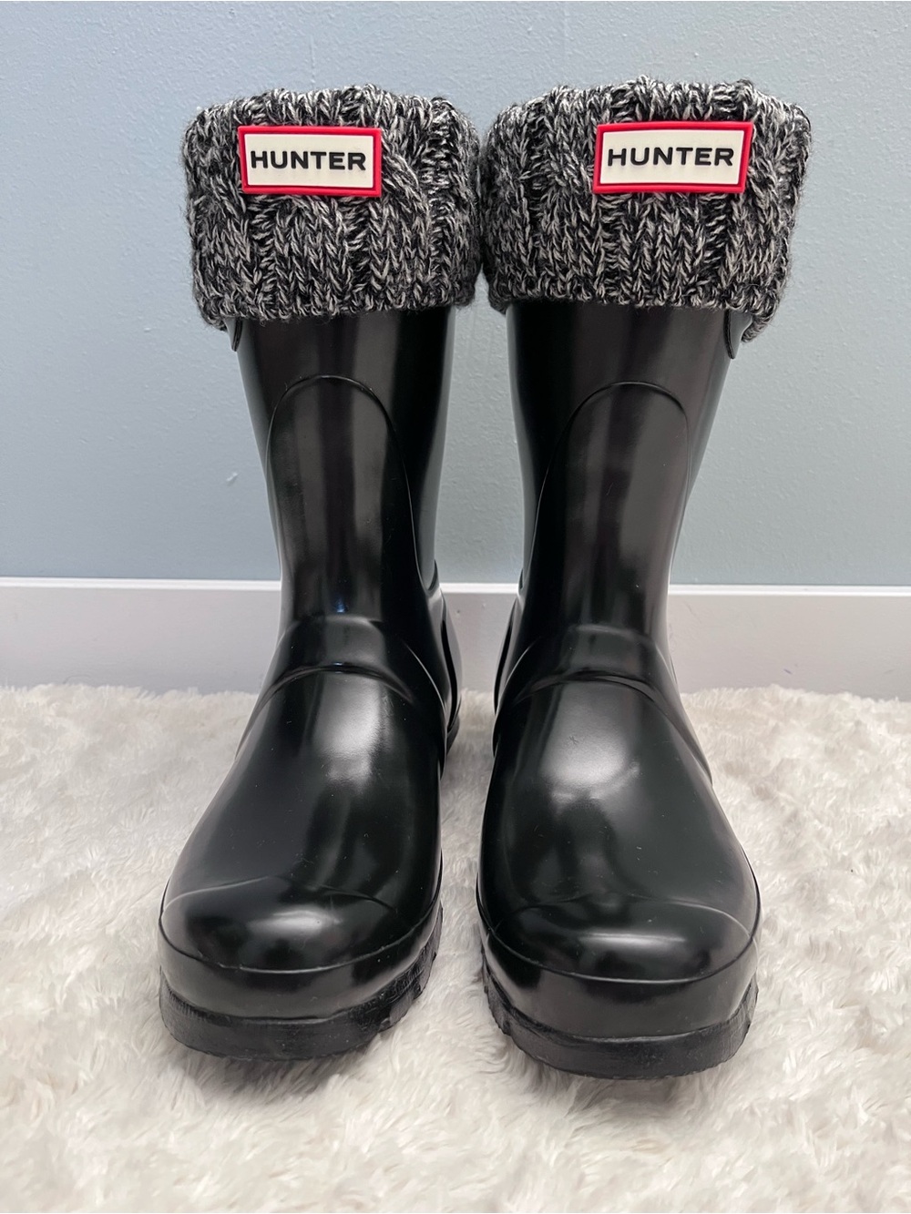 Hunter Black Rain Boots with Grey Knit Cuffs